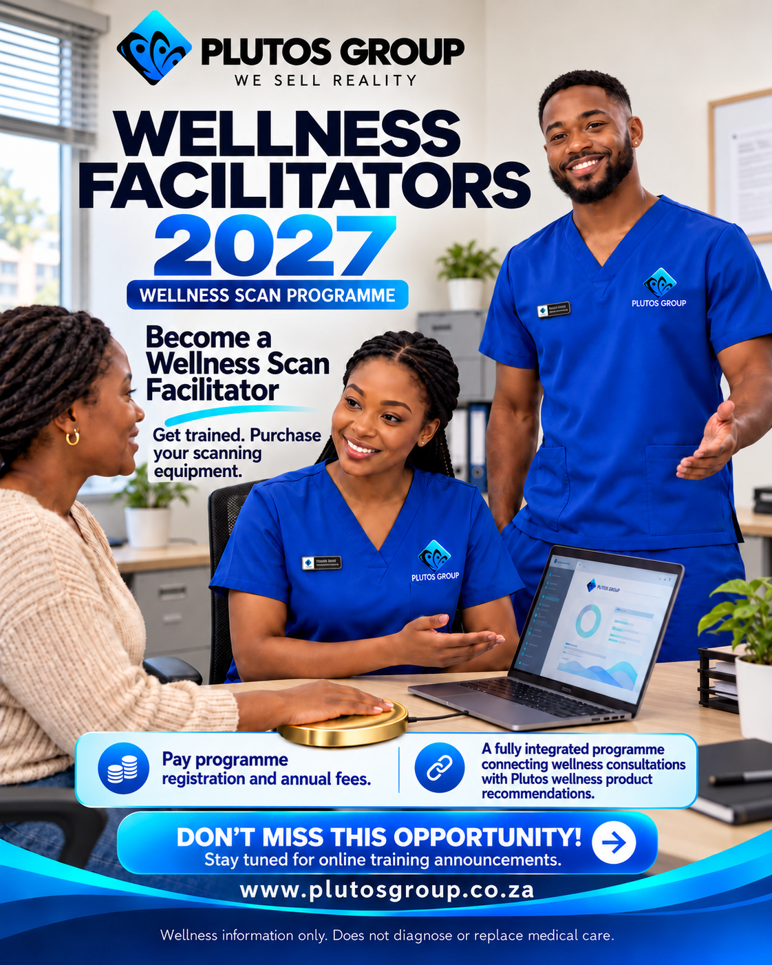 Plutos Wellness Facilitators in royal-blue scrubs in an everyday office, introducing the 2027 Wellness Scan Programme.